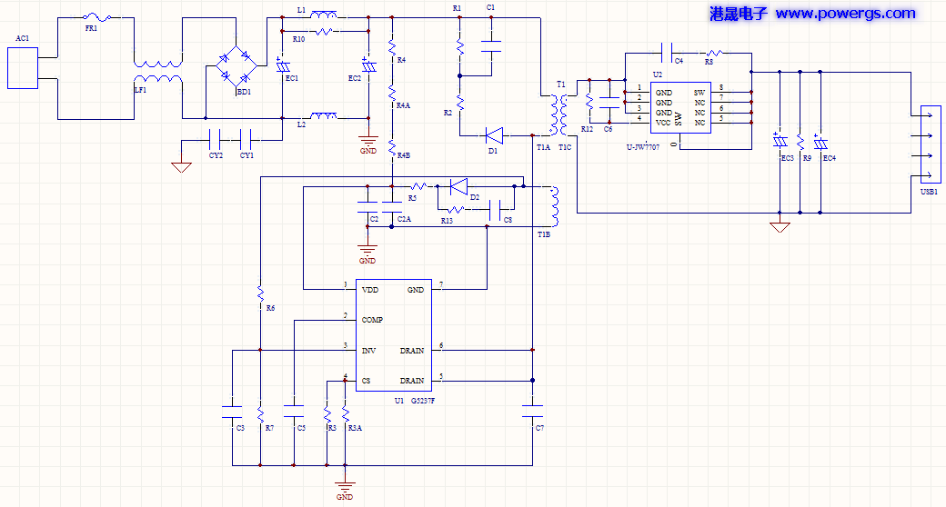 5V3.4A USB輸出方案電路圖 BOM list,環(huán)球半導體G5237F,側(cè)插